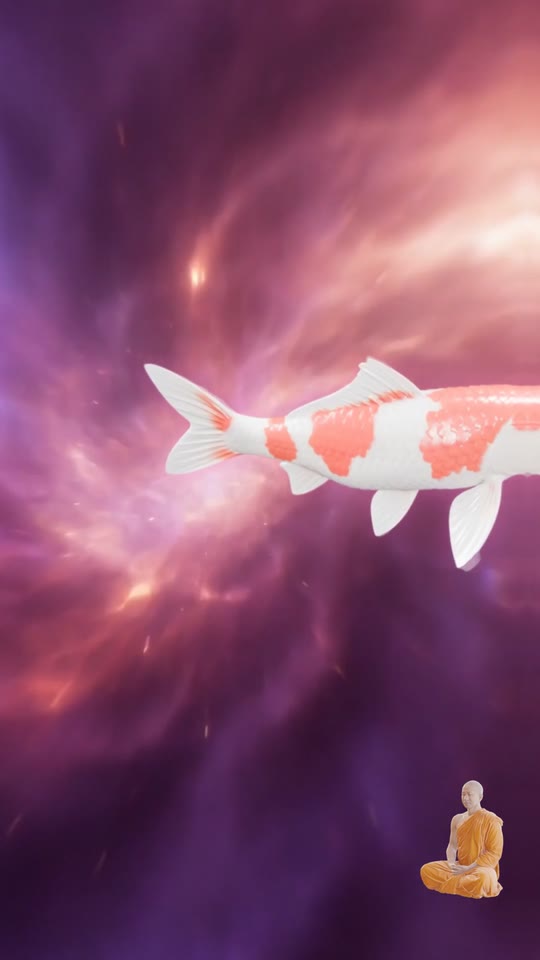 A koi swims out of the iris