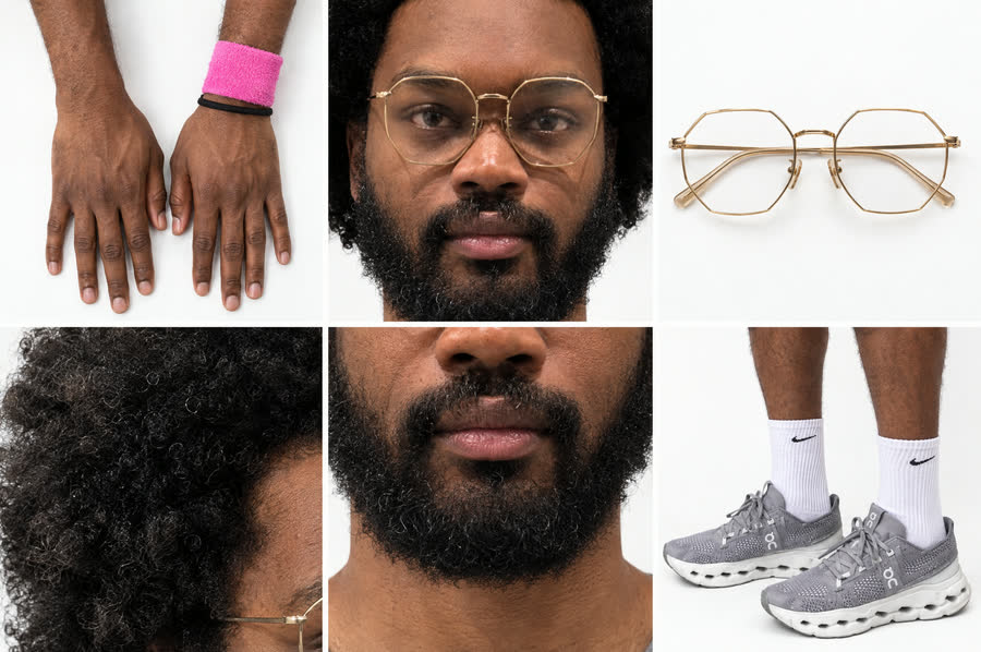 Details: hands with the pink band on the left wrist, the gold glasses, hair, beard, On shoes