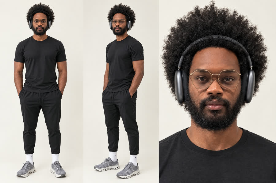 Look: dark grey over-ear headphones, black tee, On shoes