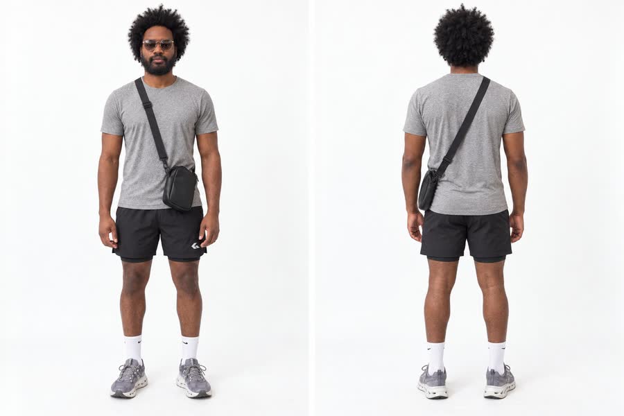 Look: grey tee and cross-body bag at the falls