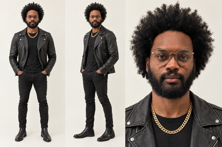 Look: leather jacket and gold chain