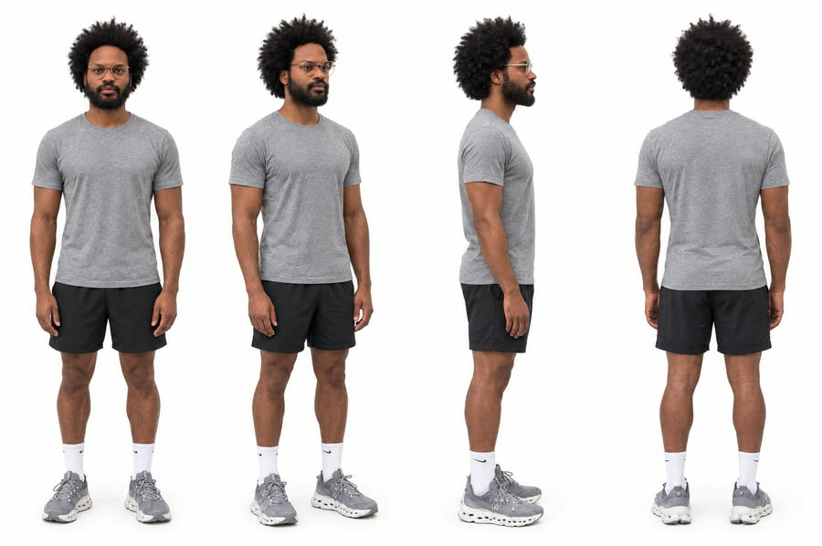 Turnaround: front, three-quarter, side, back, in grey On running shoes