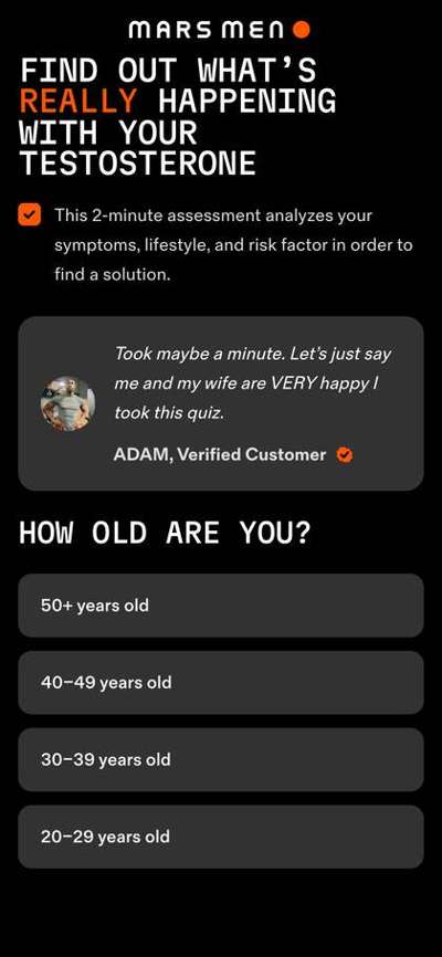 The quiz as it opens β two-minute assessment, verified-customer quote, straight into age