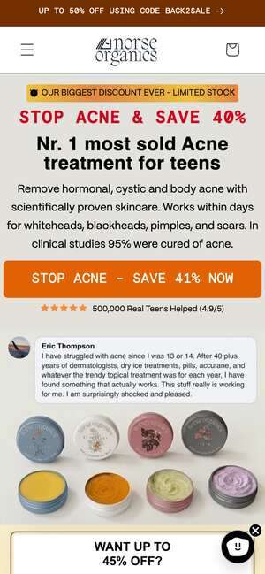 Top of norseorganics.co/pages/stop-acne-teens-2-0