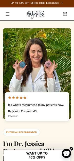 Top of norseorganics.co/pages/dr-jessica-peatross