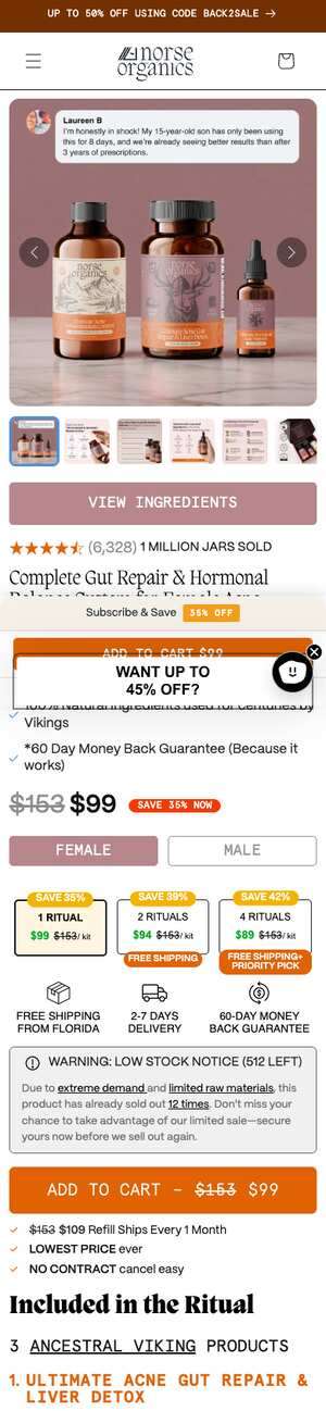 Top of norseorganics.co/products/complete-gut-repair-hormonal-balance-system-for-acne