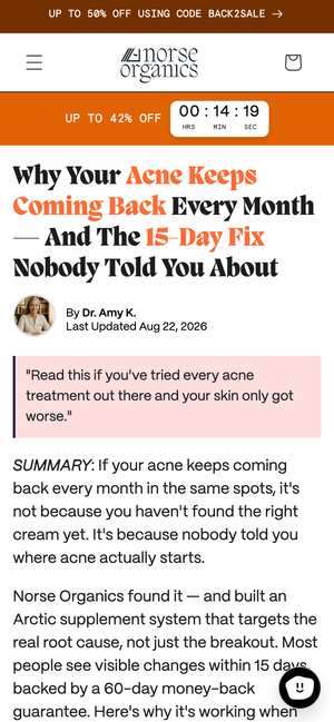 Top of norseorganics.co/pages/10-reasons-why-acne-comes-back